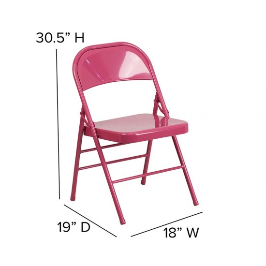 2 Pack Series Shockingly Fuchsia Triple Braced & Double Hinged Metal Folding Chair