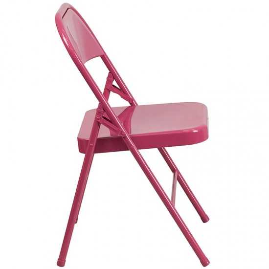 2 Pack Series Shockingly Fuchsia Triple Braced & Double Hinged Metal Folding Chair