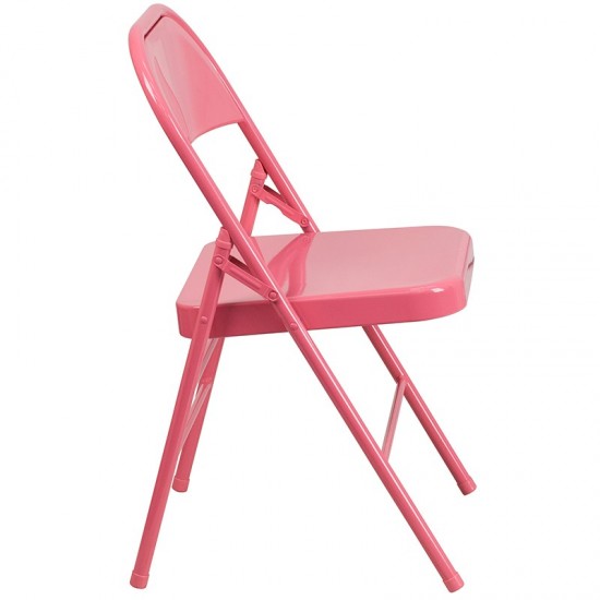 2 Pack Series Bubblegum Pink Triple Braced & Double Hinged Metal Folding Chair