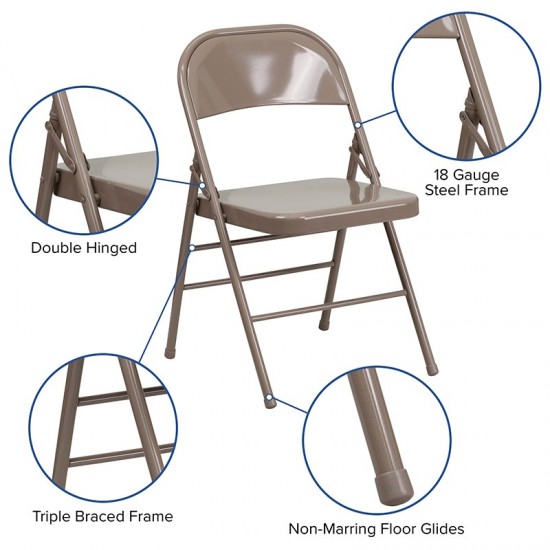 2 Pack Triple Braced & Double Hinged Beige Metal Folding Chair