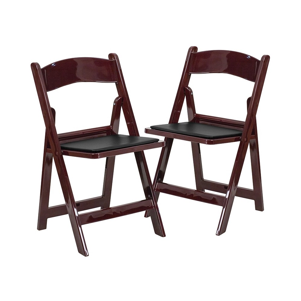 2 Pack 1000 lb. Capacity Red Mahogany Resin Folding Chair with Black Vinyl Padded Seat