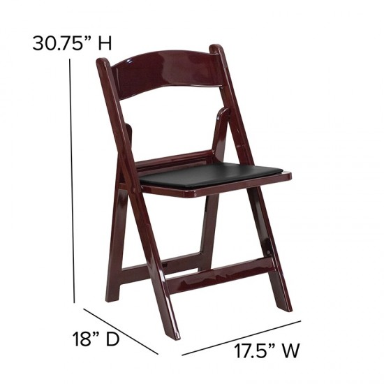 2 Pack 1000 lb. Capacity Red Mahogany Resin Folding Chair with Black Vinyl Padded Seat