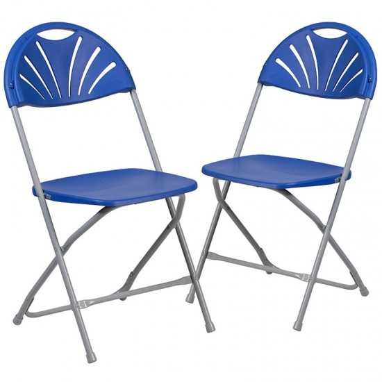 2 Pack 650 lb. Capacity Blue Plastic Fan Back Folding Chair