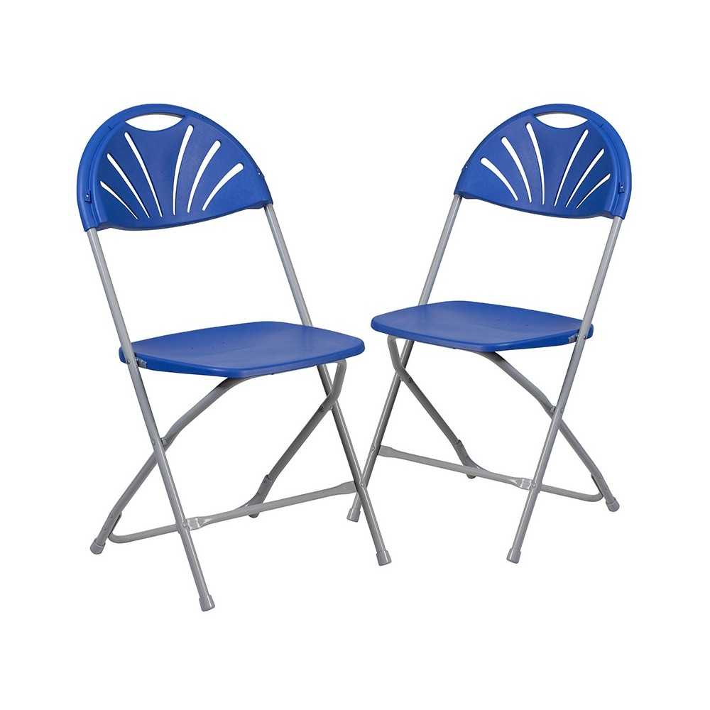 2 Pack 650 lb. Capacity Blue Plastic Fan Back Folding Chair