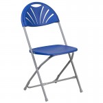 2 Pack 650 lb. Capacity Blue Plastic Fan Back Folding Chair