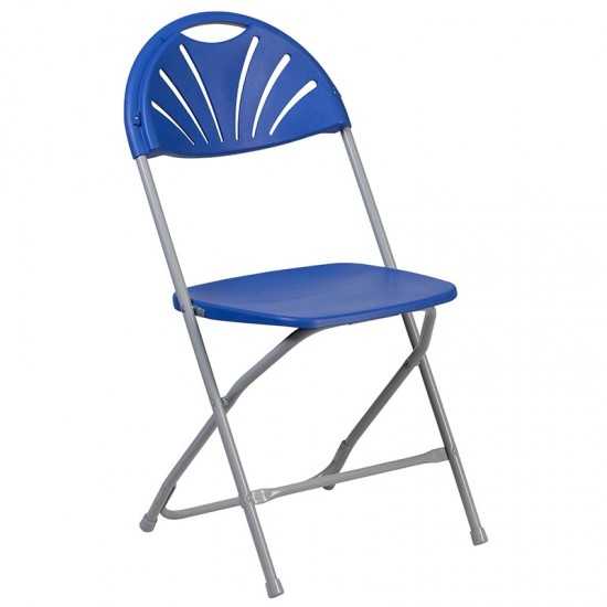 2 Pack 650 lb. Capacity Blue Plastic Fan Back Folding Chair