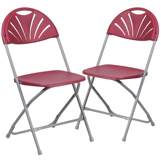 2 Pack 650 lb. Capacity Burgundy Plastic Fan Back Folding Chair