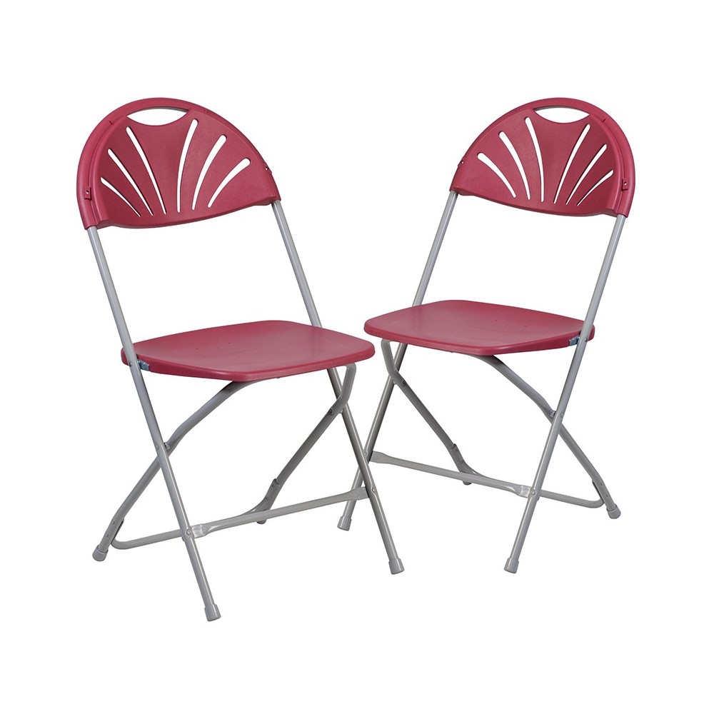 2 Pack 650 lb. Capacity Burgundy Plastic Fan Back Folding Chair