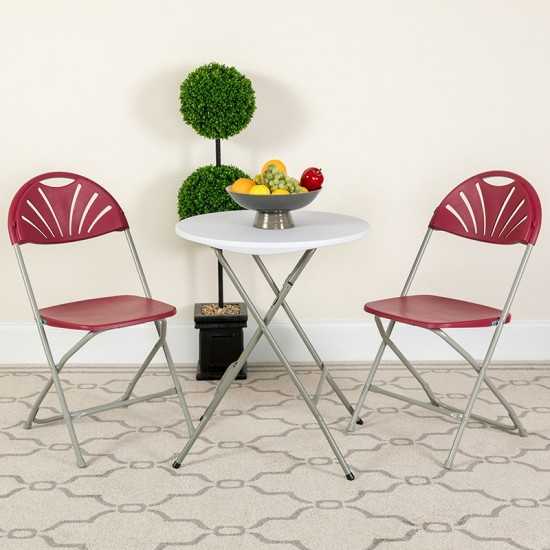 2 Pack 650 lb. Capacity Burgundy Plastic Fan Back Folding Chair