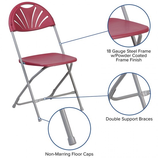 2 Pack 650 lb. Capacity Burgundy Plastic Fan Back Folding Chair