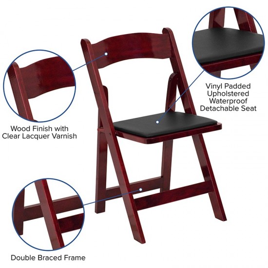 2 Pack Mahogany Wood Folding Chair with Vinyl Padded Seat