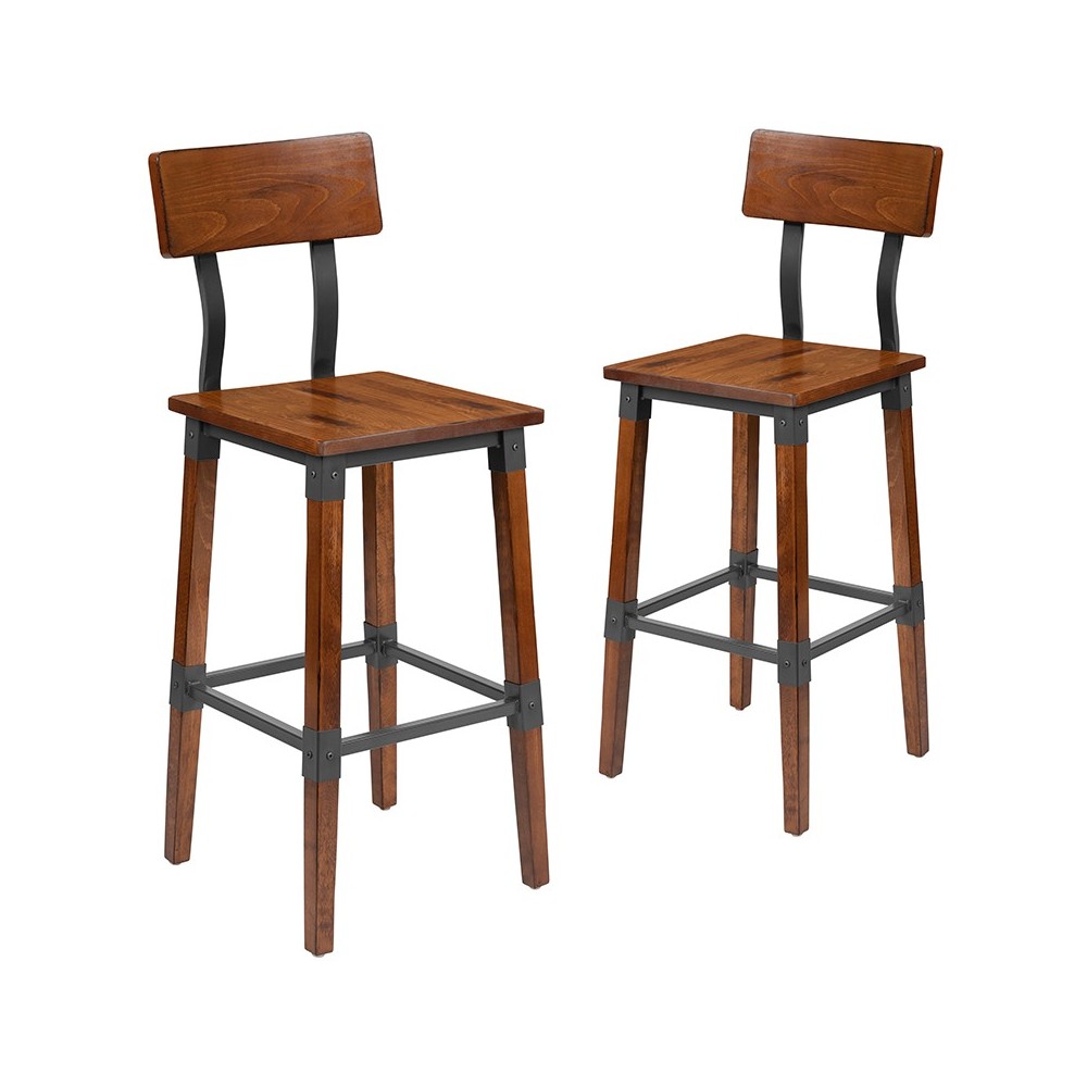 2 Pack Rustic Antique Walnut Industrial Wood Dining Barstool