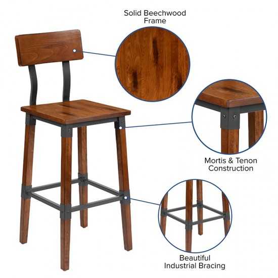 2 Pack Rustic Antique Walnut Industrial Wood Dining Barstool