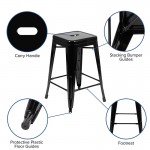 24" High Metal Counter-Height, Indoor Bar Stool in Black - Stackable Set of 4