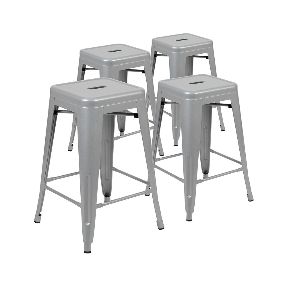 24" High Metal Counter-Height, Indoor Bar Stool in Silver - Stackable Set of 4