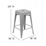 24" High Metal Counter-Height, Indoor Bar Stool in Silver - Stackable Set of 4