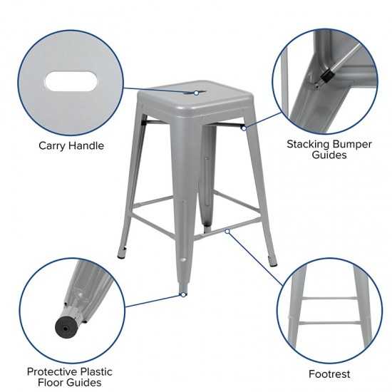 24" High Metal Counter-Height, Indoor Bar Stool in Silver - Stackable Set of 4