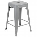 24" High Metal Counter-Height, Indoor Bar Stool in Silver - Stackable Set of 4