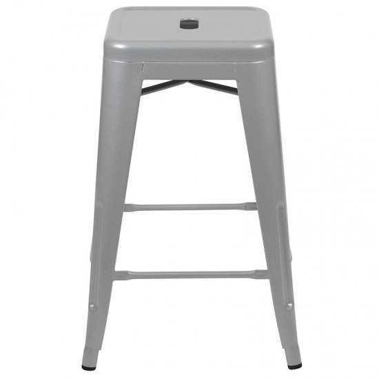 24" High Metal Counter-Height, Indoor Bar Stool in Silver - Stackable Set of 4