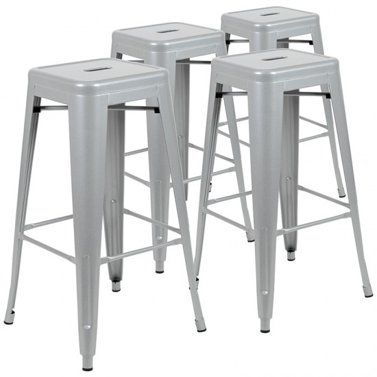 30" High Metal Indoor Bar Stool in Silver - Stackable Set of 4