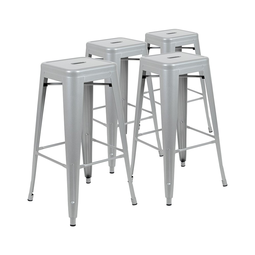 30" High Metal Indoor Bar Stool in Silver - Stackable Set of 4