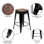 24" High Metal Counter-Height, Indoor Bar Stool with Wood Seat in Black - Stackable Set of 4