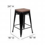 24" High Metal Counter-Height, Indoor Bar Stool with Wood Seat in Black - Stackable Set of 4