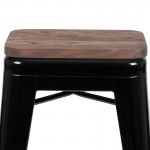 24" High Metal Counter-Height, Indoor Bar Stool with Wood Seat in Black - Stackable Set of 4