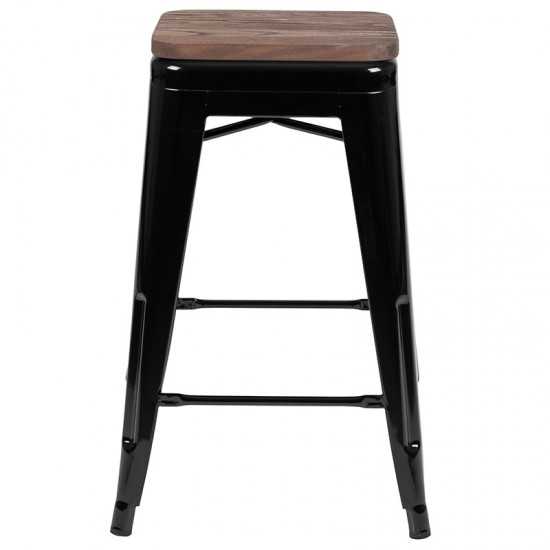 24" High Metal Counter-Height, Indoor Bar Stool with Wood Seat in Black - Stackable Set of 4