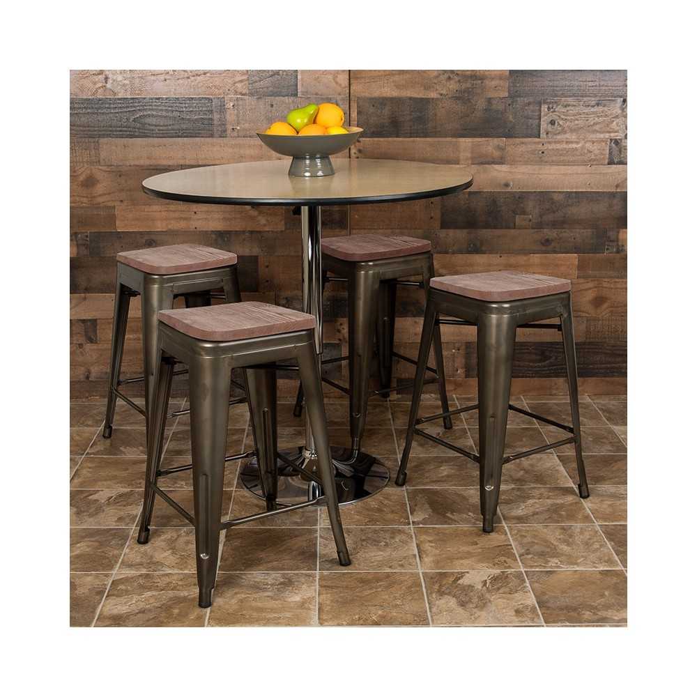 24" High Metal CounterHeight, Indoor Bar Stool with Wood Seat in Gun