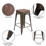 24" High Metal Counter-Height, Indoor Bar Stool with Wood Seat in Gun Metal Gray - Stackable Set of 4