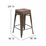 24" High Metal Counter-Height, Indoor Bar Stool with Wood Seat in Gun Metal Gray - Stackable Set of 4