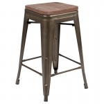 24" High Metal Counter-Height, Indoor Bar Stool with Wood Seat in Gun Metal Gray - Stackable Set of 4