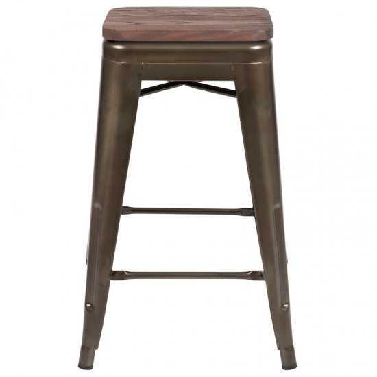 24" High Metal Counter-Height, Indoor Bar Stool with Wood Seat in Gun Metal Gray - Stackable Set of 4