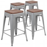 24" High Metal Counter-Height, Indoor Bar Stool with Wood Seat in Silver - Stackable Set of 4