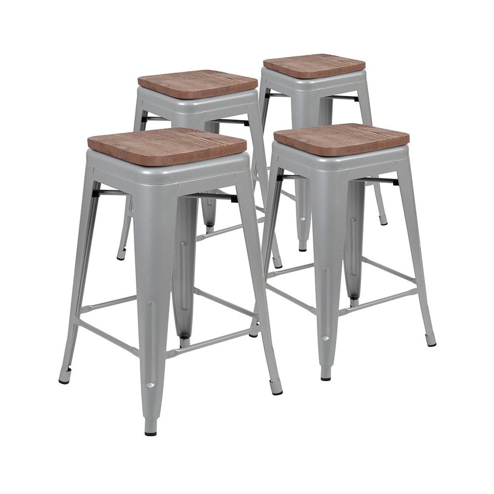 24" High Metal Counter-Height, Indoor Bar Stool with Wood Seat in Silver - Stackable Set of 4