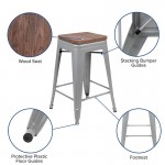 24" High Metal Counter-Height, Indoor Bar Stool with Wood Seat in Silver - Stackable Set of 4