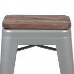 24" High Metal Counter-Height, Indoor Bar Stool with Wood Seat in Silver - Stackable Set of 4