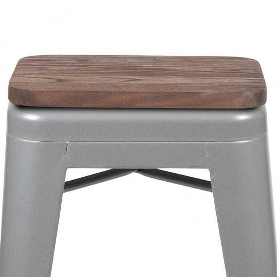 24" High Metal Counter-Height, Indoor Bar Stool with Wood Seat in Silver - Stackable Set of 4