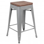 24" High Metal Counter-Height, Indoor Bar Stool with Wood Seat in Silver - Stackable Set of 4