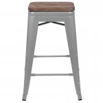 24" High Metal Counter-Height, Indoor Bar Stool with Wood Seat in Silver - Stackable Set of 4