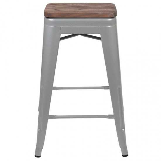 24" High Metal Counter-Height, Indoor Bar Stool with Wood Seat in Silver - Stackable Set of 4