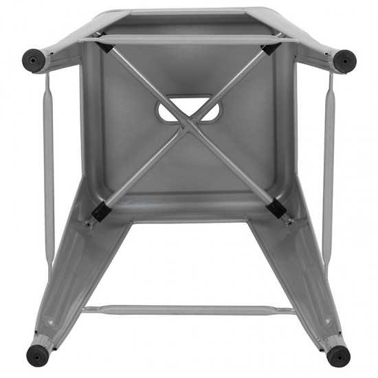 24" High Metal Counter-Height, Indoor Bar Stool with Wood Seat in Silver - Stackable Set of 4