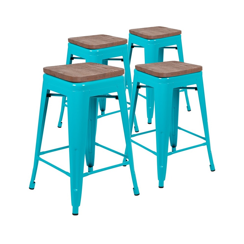 24" High Metal Counter-Height, Indoor Bar Stool with Wood Seat in Teal - Stackable Set of 4 24" High Metal Counter-Height, Indoor Bar Stool with Wood Seat in Teal - Stackable Set of 4