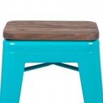 24" High Metal Counter-Height, Indoor Bar Stool with Wood Seat in Teal - Stackable Set of 4