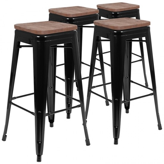 30" High Metal Indoor Bar Stool with Wood Seat in Black - Stackable Set of 4