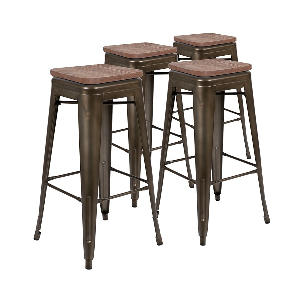 30" High Metal Indoor Bar Stool with Wood Seat in Gun Metal Gray - Stackable Set of 4