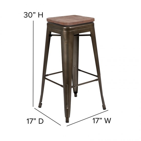 30" High Metal Indoor Bar Stool with Wood Seat in Gun Metal Gray - Stackable Set of 4