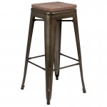 30" High Metal Indoor Bar Stool with Wood Seat in Gun Metal Gray - Stackable Set of 4