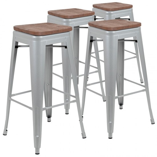 30" High Metal Indoor Bar Stool with Wood Seat in Silver - Stackable Set of 4